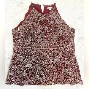 Ann Taylor 100% silk Burgundy maroon White Blouse size 10 petite fits as medium